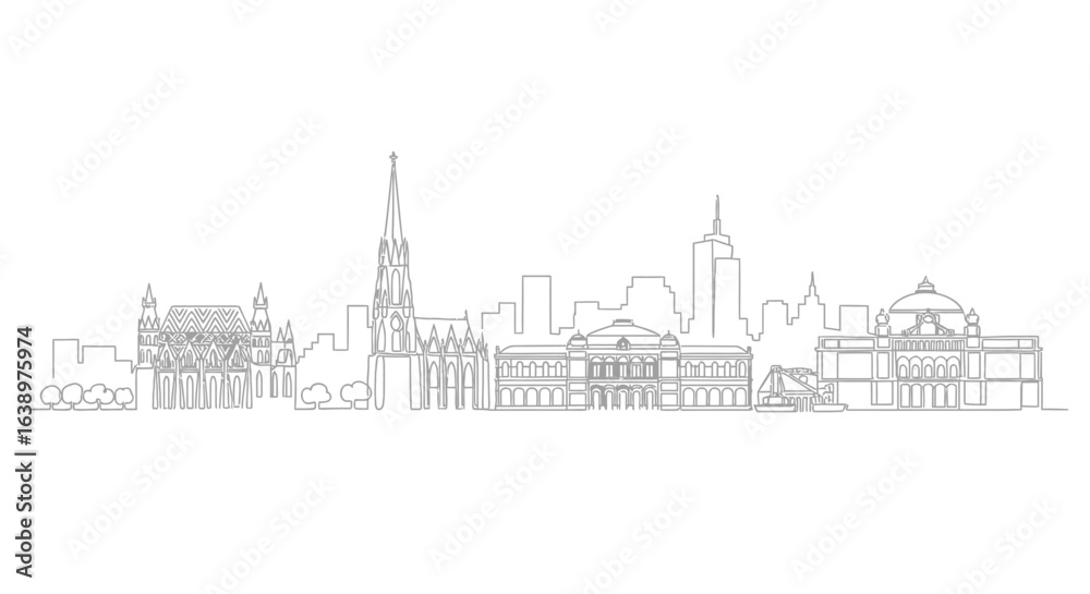 Obraz premium Cityscape Silhouette: Minimalist line art captures the intricate skyline of a bustling city. Focusing on the unique architectural elements and patterns that define an urban landscape.