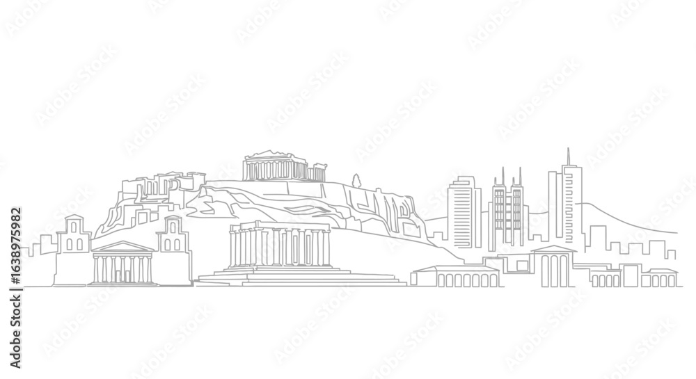 Fototapeta premium Athens Skyline: A detailed line drawing showcases the iconic Athens skyline, featuring the Acropolis and other historic structures.