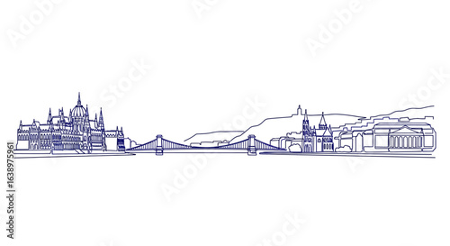 Budapest Panorama: A minimalist line drawing of Budapest's iconic skyline, depicting its famous bridges, buildings, and landmarks. The artwork focuses on architectural design.