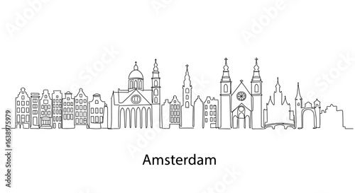 Amsterdam Skyline Sketch: A minimalist line drawing presents the iconic skyline of Amsterdam. Showcasing the city's unique architectural blend.