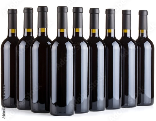 Ten dark glass bottles of wine stand in a row against a white background