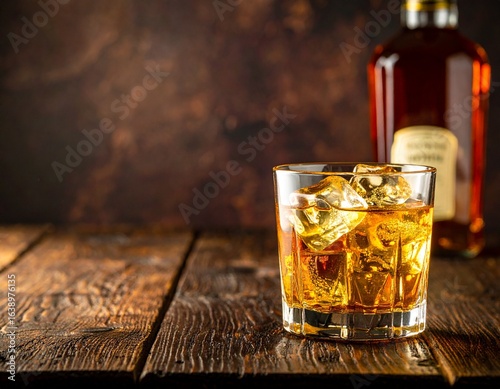 Original name(s): Firefly_remium whisky glass with golden whisky and crystal ice cubes, front and center