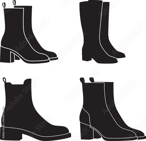Collection of four black fashionable boot styles silhouette