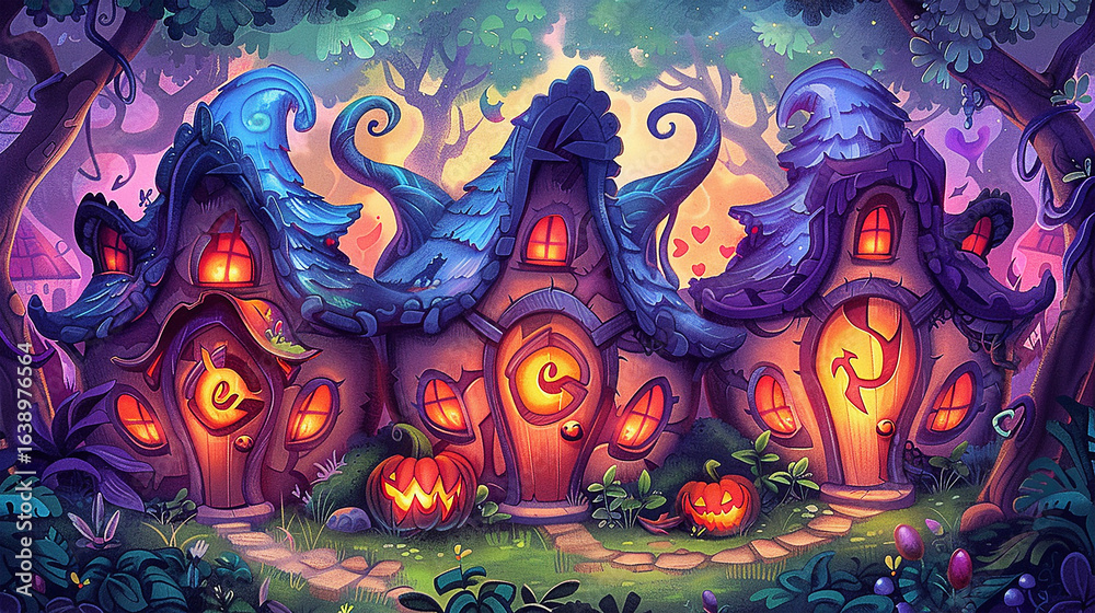 Fototapeta premium Whimsical Halloween village with colorful houses, glowing windows, and carved pumpkins in a forest