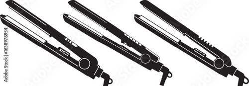 Three black hair straightener tools in a row silhouette