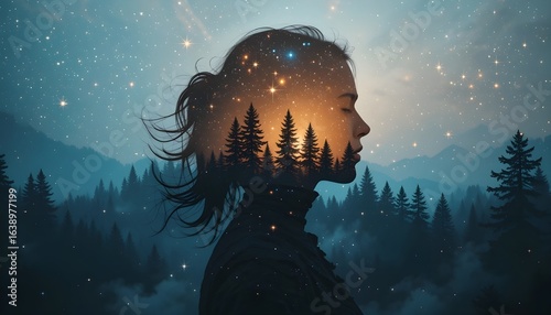 Double exposure silhouette of a woman blended with a starry galaxy and forest