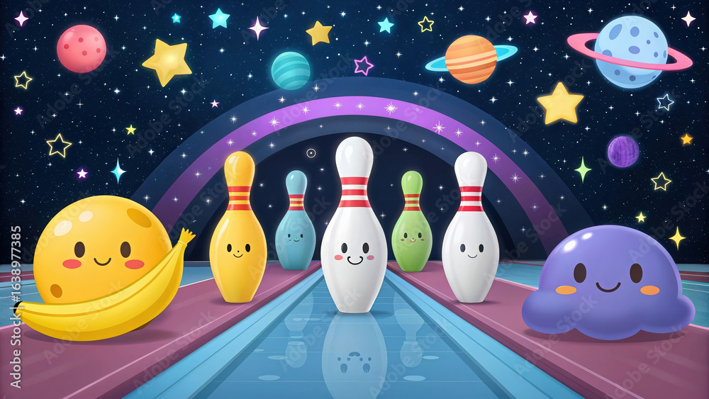 Naklejka premium Cosmic Bowling Adventure A Fun Cartoon Bowling Alley Set in Space with Planets Stars and Smiling Bowling Pins