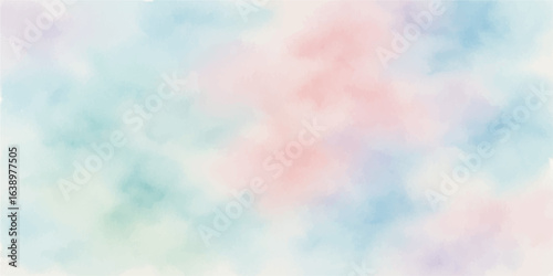 Abstract sky texture with colorful watercolor paint and a glowing sun, creating a vintage cloudscape design with a light bokeh effect