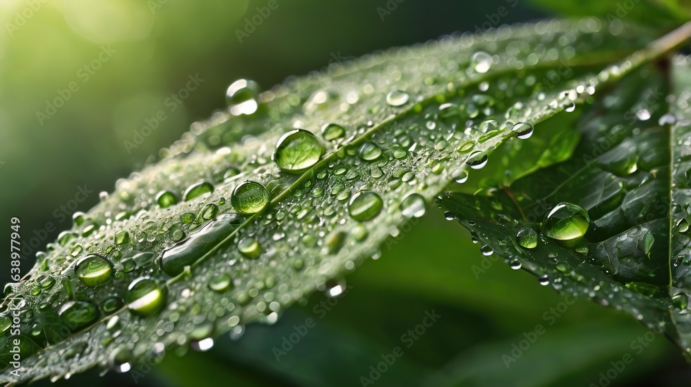 Fresh Green Leaf with Water Droplets in Morning Light - Generative AI Fresh Green Leaf with Water Droplets in Morning Light - Generative AI