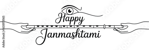 Krishna Janmashtami greeting with stylized eye symbol, decorative “Happy Janmashtami” text, and flute held by two hands