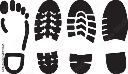 Collection of black shoe print and footprint silhouettes on white background silhouette