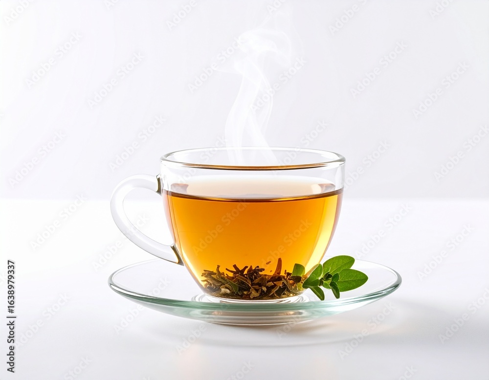 Transparent Glass Cup with Herbal Tea and Steam, Minimalist Style Transparent Glass Cup with Herbal Tea and Steam, Minimalist Style