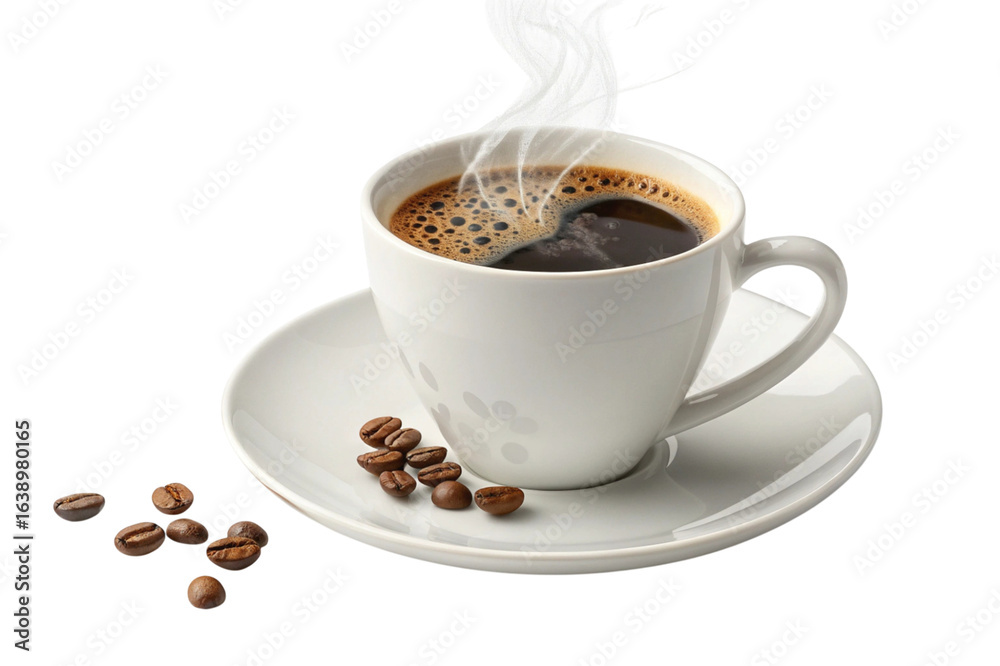 Fototapeta premium Hot steaming cup of coffee with coffee beans isolated on transparent background