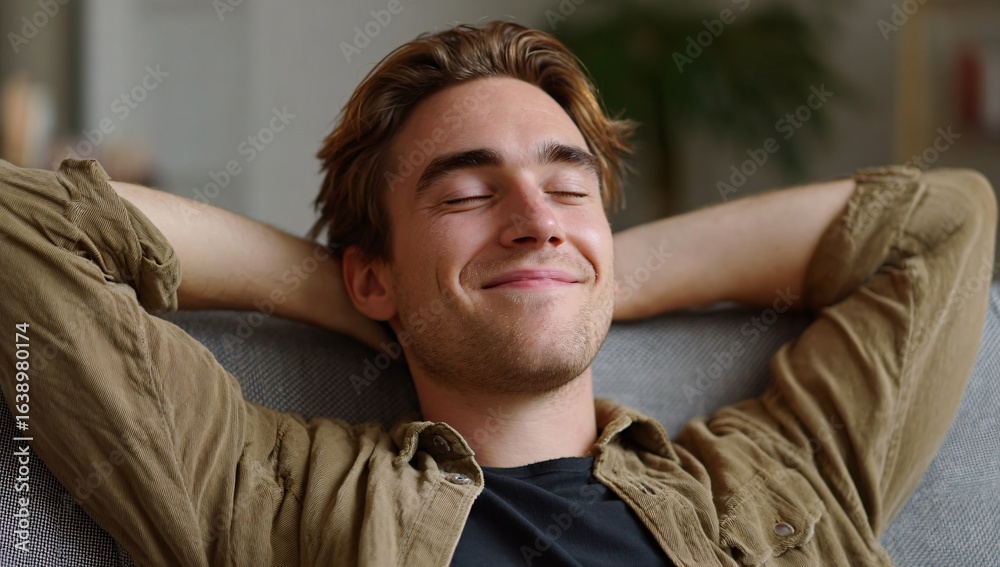 Obraz premium Content man lounging comfortably with hands behind head