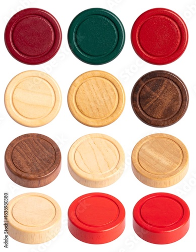 Twelve round game pieces in various wood tones and solid colors