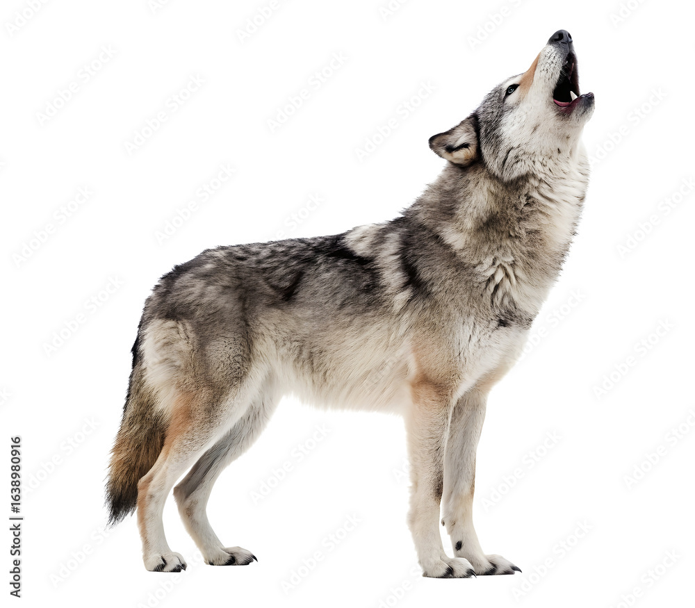 Obraz premium Howling gray wolf with head tilted upward isolated on transparent background png 