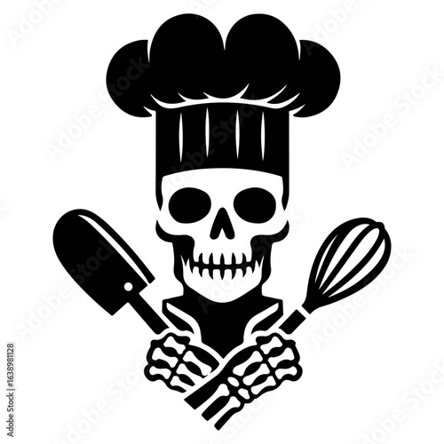 Skull Chef sign. Death kitchener symbol. chief-cooker icon. restaurant emblem