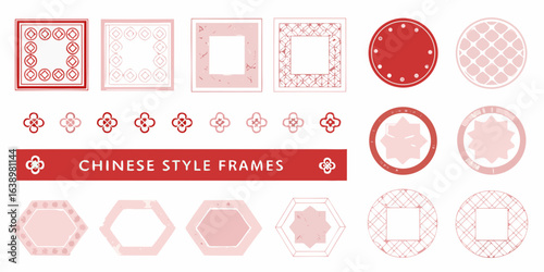 Collection of decorative chinese style frames and borders in red and pink hues