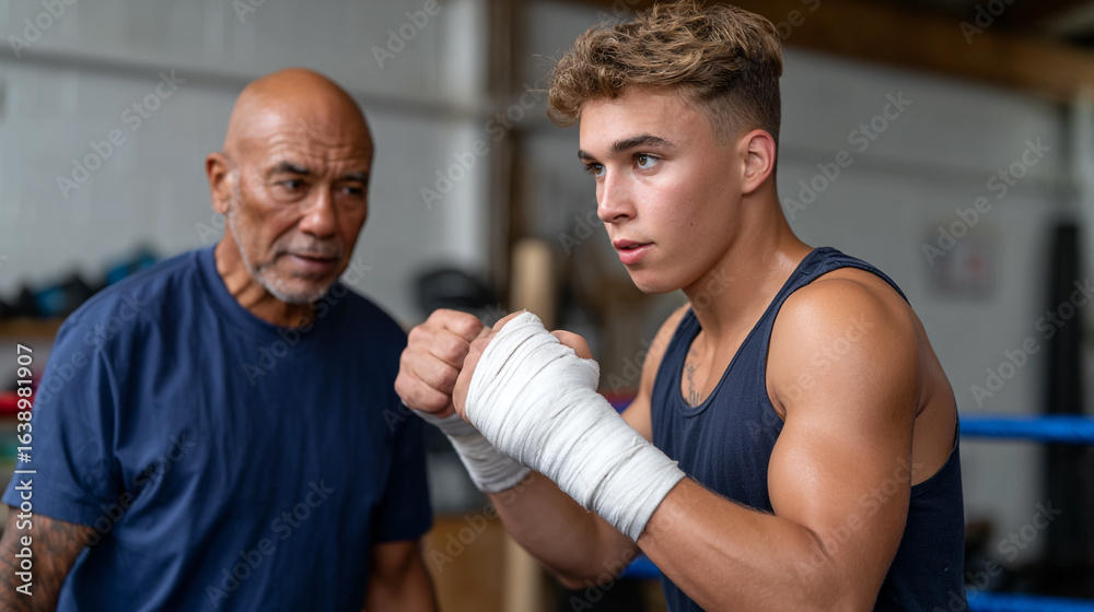 Obraz premium Young Boxer with Trainer in Gym Preparing for Fight Training Session