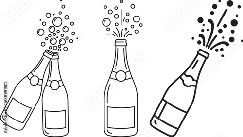 Three champagne bottles with celebratory bubbly explosions silhouette