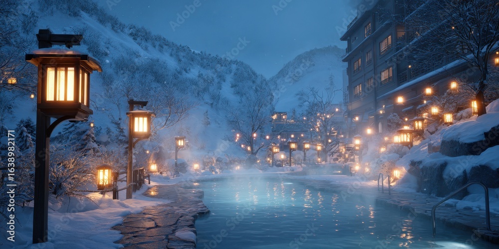 Fototapeta premium Serene winter landscape with a traditional Japanese outdoor onsen spa