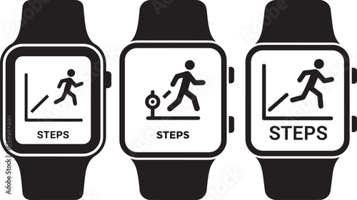Three smartwatches displaying fitness tracking data with running person silhouette