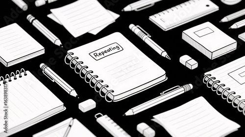 Study hard with notebooks, pencils, pens, erasers, and rulers, mastering lessons for academic success and diligent learning