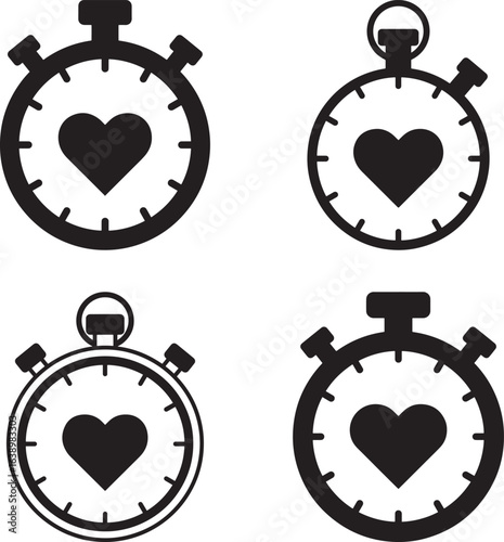 Four stopwatch icons with heart symbol silhouette
