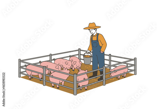 A farmer feeds pigs inside a fenced pigpen