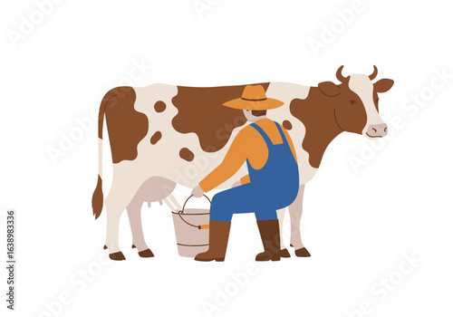 A farmer milks a brown and white cow into a metal pail