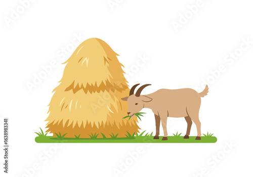 A goat stands eating grass near a large haystack on a grassy patch