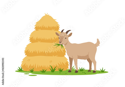 A goat eats grass near a stack of hay on a grassy patch