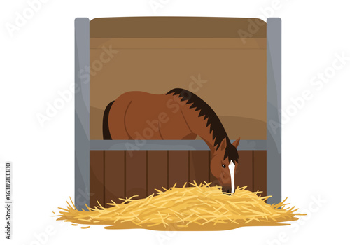 A horse eats hay in a stall featuring a brown coat and white blaze