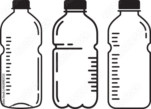 Three clear plastic water bottles with measurement markings silhouette