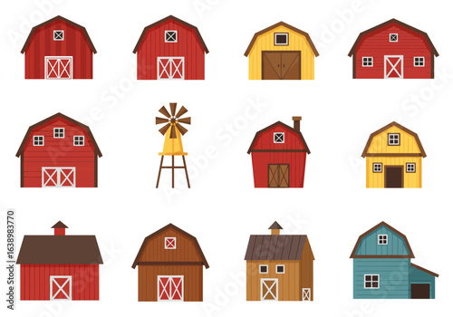 Twelve stylized cartoon barns each unique in color design and architectural details spread out in a grid layout
