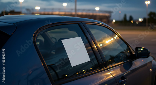 Blank white square sticker mockup on car window at dusk in parking lot