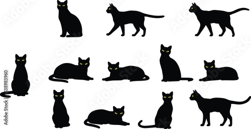 Black cat silhouettes, sitting, standing, walking, lying down, yellow eyes, Halloween theme, feline clipart, vector art, pet design, animal illustration