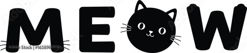 Cute black cat typography design with meow text, whiskers, and cat face, minimalist animal illustration, playful kitten vector art for print