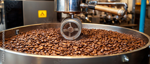 Roasted coffee beans tumbling in a metal roaster