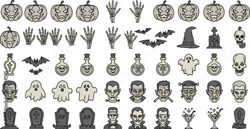 Halloween vector icon set, spooky pumpkin faces, skeleton hands, bats, ghosts, vampire heads, graveyard tombstones, witch hat, skull, potion bottles