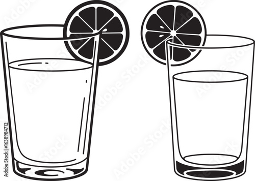 Two tall glasses of refreshing drink with lemon slices silhouette