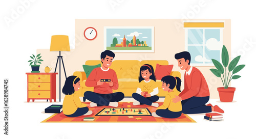 Family of five sitting on a rug playing a board game together in their living room.