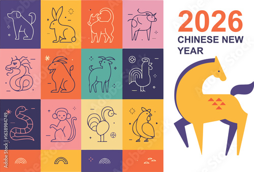 Chinese horoscope zodiac signs collection, geometric linear minimalist style. Animals symbols for Chinese New year