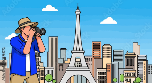 A cartoon photographer capturing a photo of the Eiffel Tower in Paris, France.