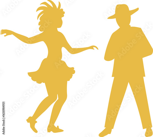 Woman carnival dancer and man with hat silhouette. Festive party and dance event concept. Artistic graphic element for celebration design.