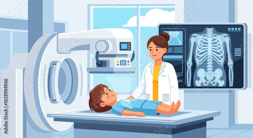 A young patient lies on a scanner bed as a doctor prepares for an X-ray examination.