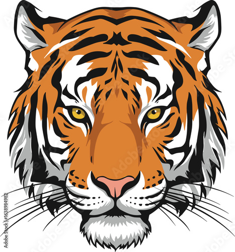Realistic tiger face illustration in vibrant colors, fierce wild animal head, big cat vector art, detailed wildlife predator graphic for print