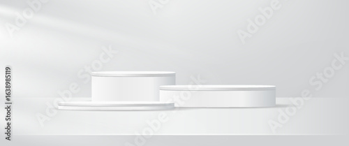 3D studio display showroom cosmetic product pedestal, Fashion stage showcase mockup scene. 3D white round product podium set background with window lighting. Abstract composition in minimalist design.