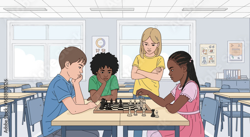 Four children concentrate intently while playing a game of chess in a classroom setting.