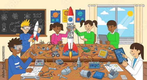 Children collaborate on a rocket project in a classroom, building and connecting components.
